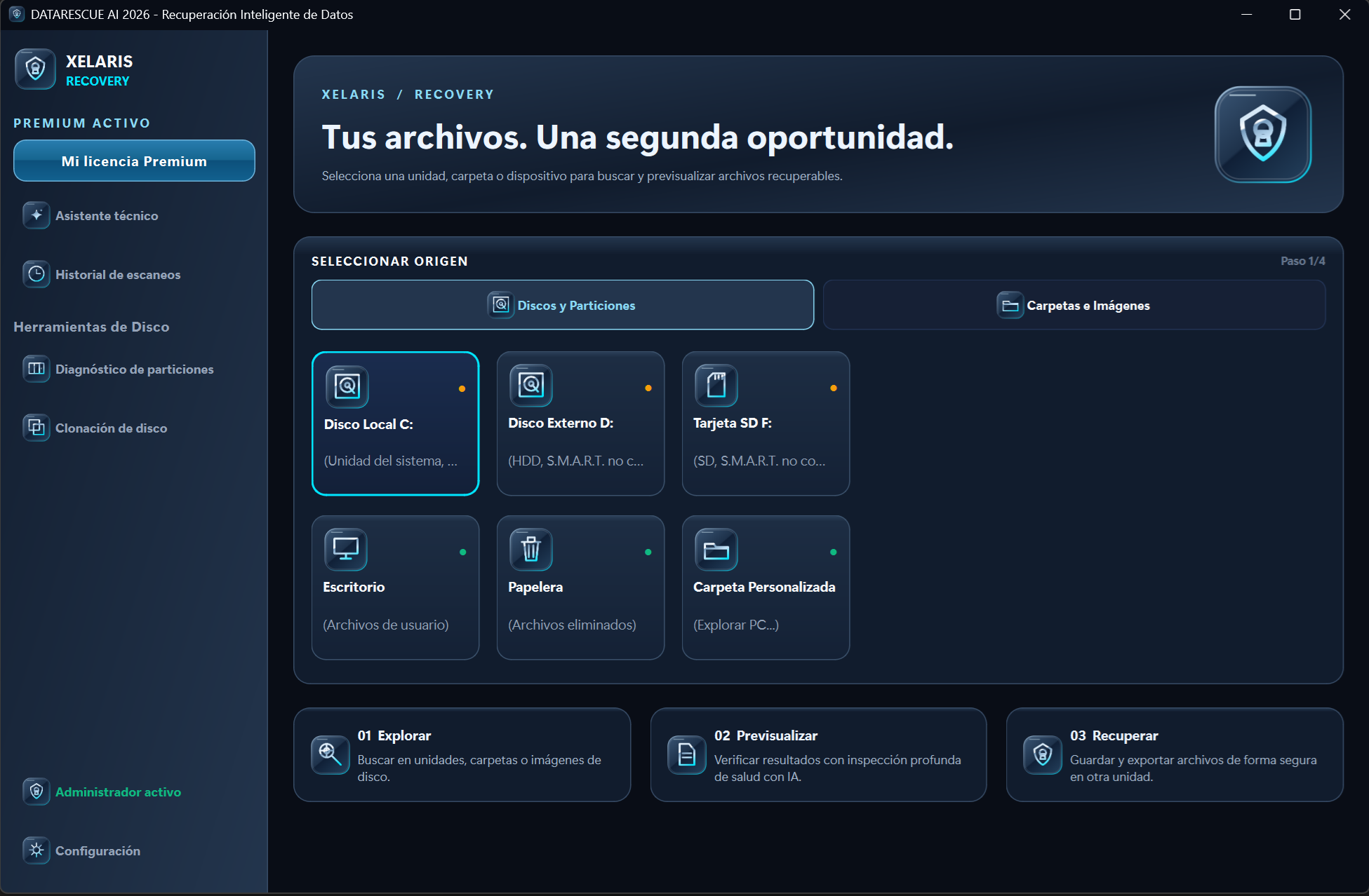 Discos, particiones y dispositivos — captura real del programa.